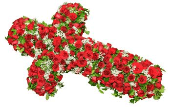 Croix fleurs deuil roses rouges