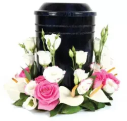 Couronne urne fleurs deuil rose blanc